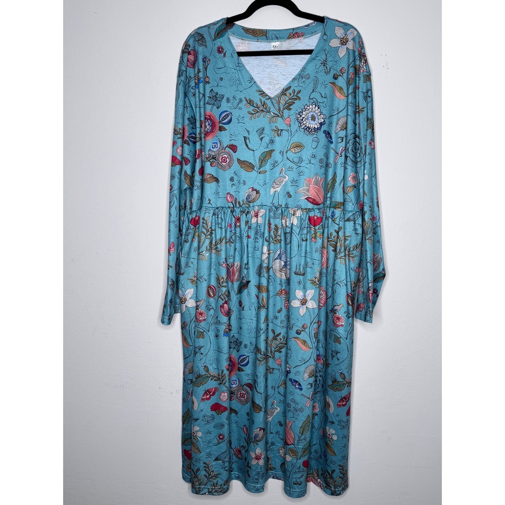 Plus Size 5X Teal Floral Midi Dress Boho Cottagecore Long Sleeve Soft Pockets